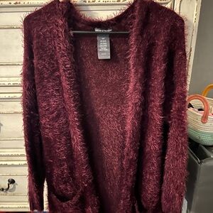 Chelsea & Theodore Women's Burgundy Fuzzy Cardigan
